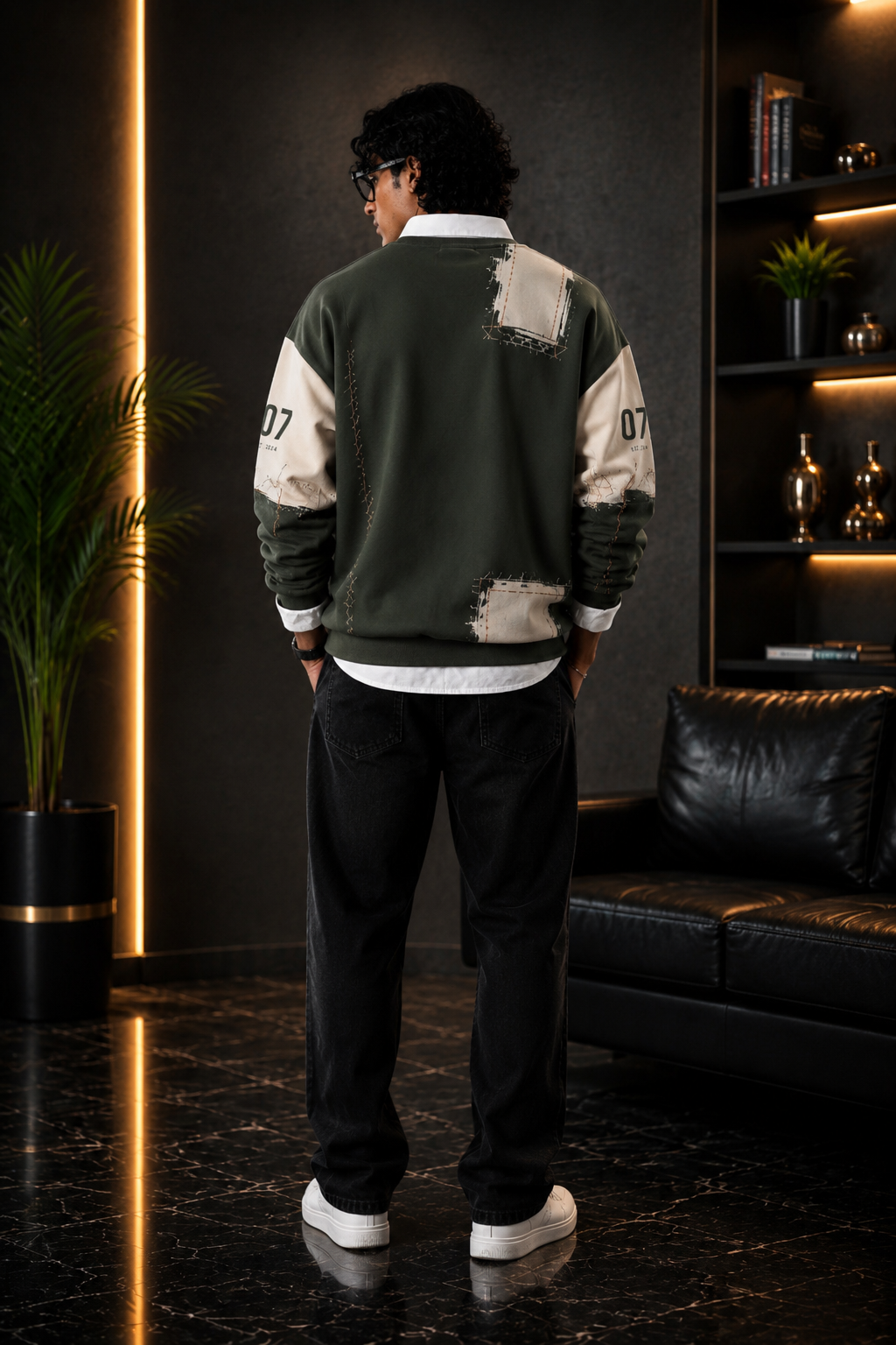 š« Olive Green & Black Utility Patchwork Premium Sweatshirt