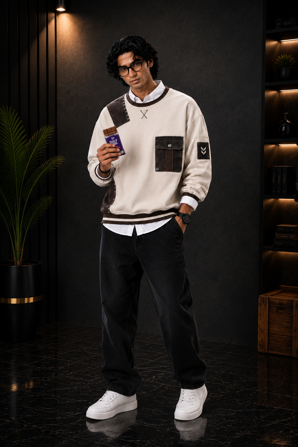 ๐ Premium Cream & Brown Patchwork Crewneck Sweatshirt
