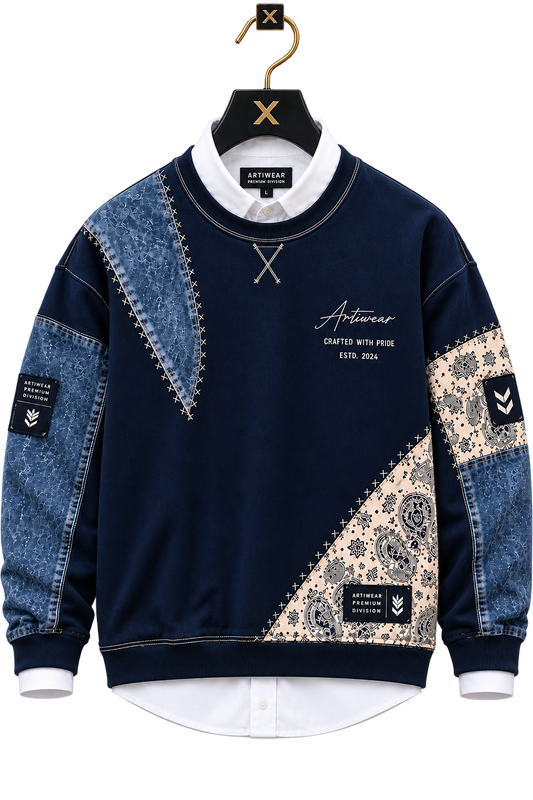 Premium Navy Blue & Denim Patchwork Crewneck Sweatshirt