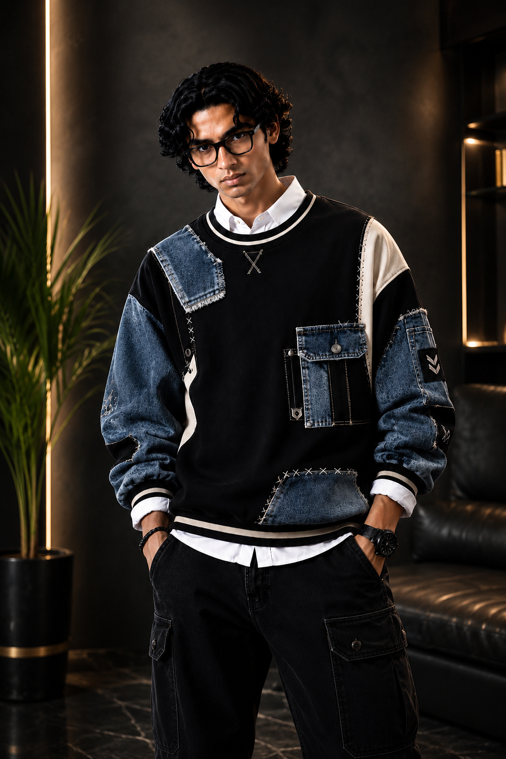 🖤 Black & Denim Blue Patchwork Premium Sweatshirt