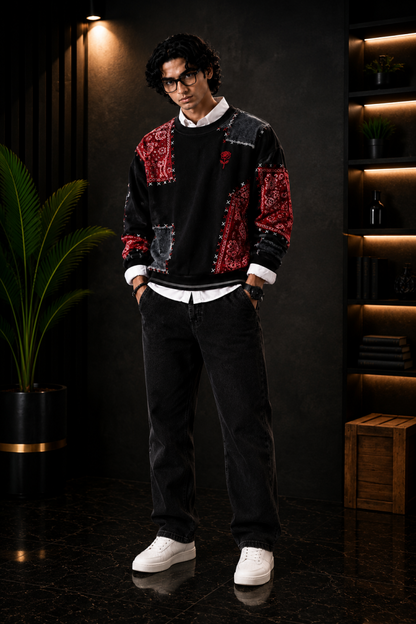 🧥 Premium Black & Red Patchwork Crewneck Sweatshirt